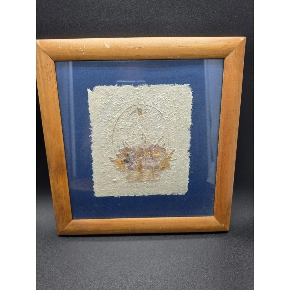 Framed Pressed Dried Flowers in Basket Art!  Wildflower 10.5 x 11 SIGNED